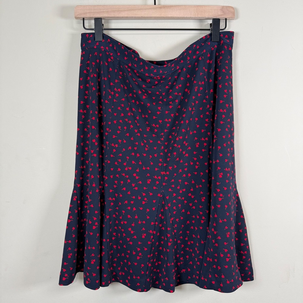 Talbots Petite A-line Navy/Red Heart Print Midi Skirt 10P READ